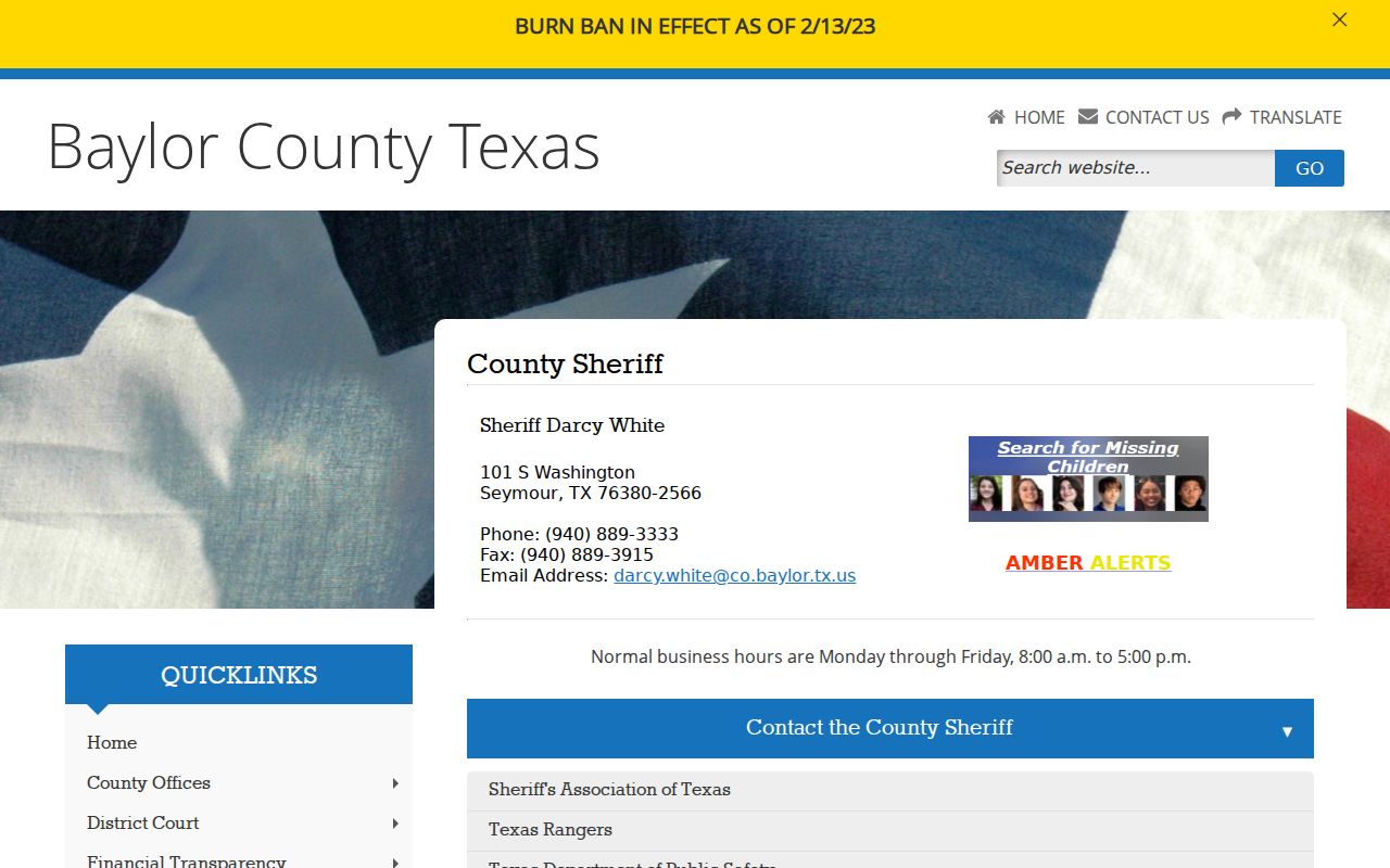 Baylor County arrest history sheriff contact information