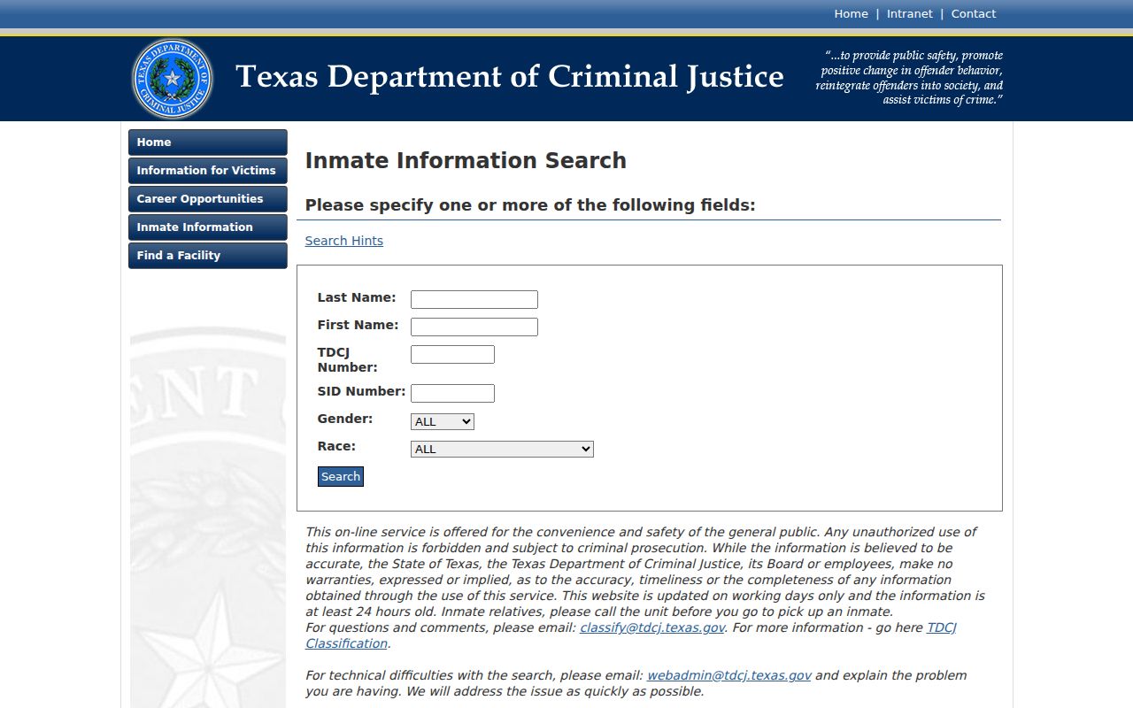 Baylor County arrest records TDCJ inmate search fields