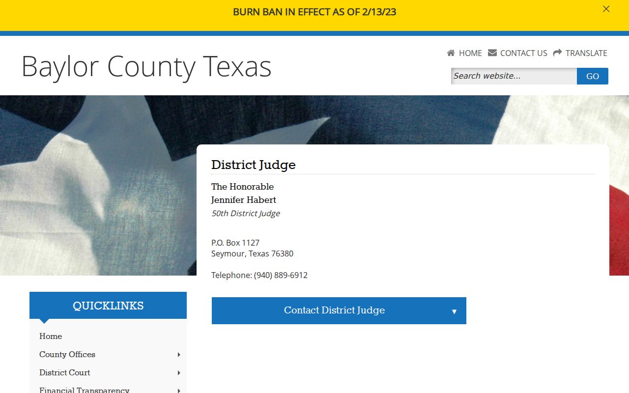 Official Baylor County 50th Judicial District Court contact page