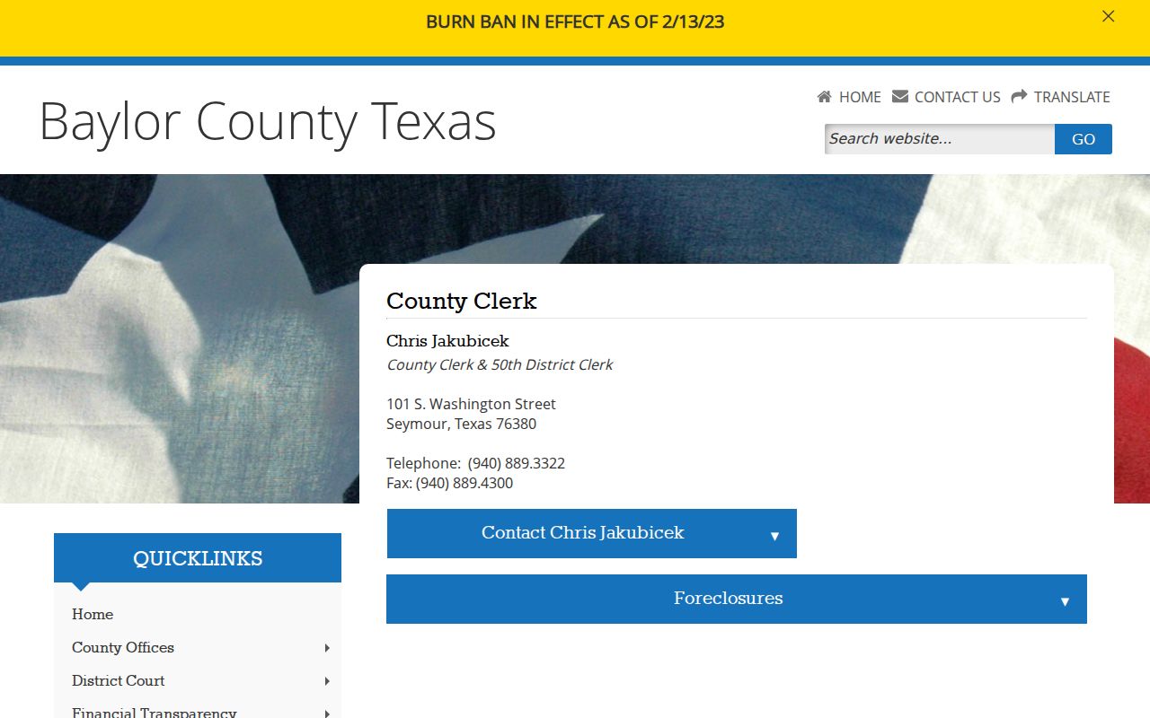 Baylor County combined County Clerk and 50th District Clerk contact page