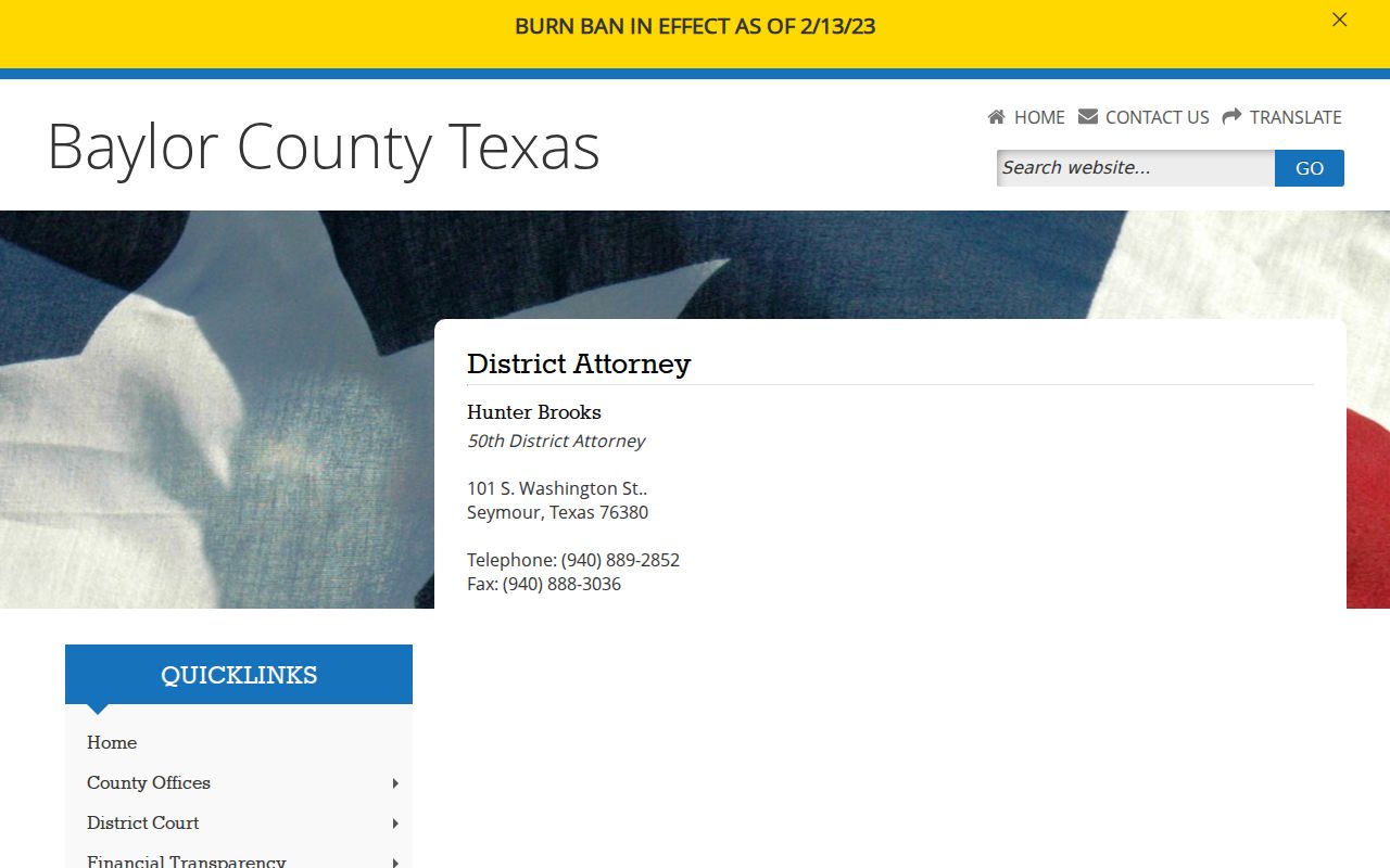 Official contact page for the Baylor County 50th District Attorney