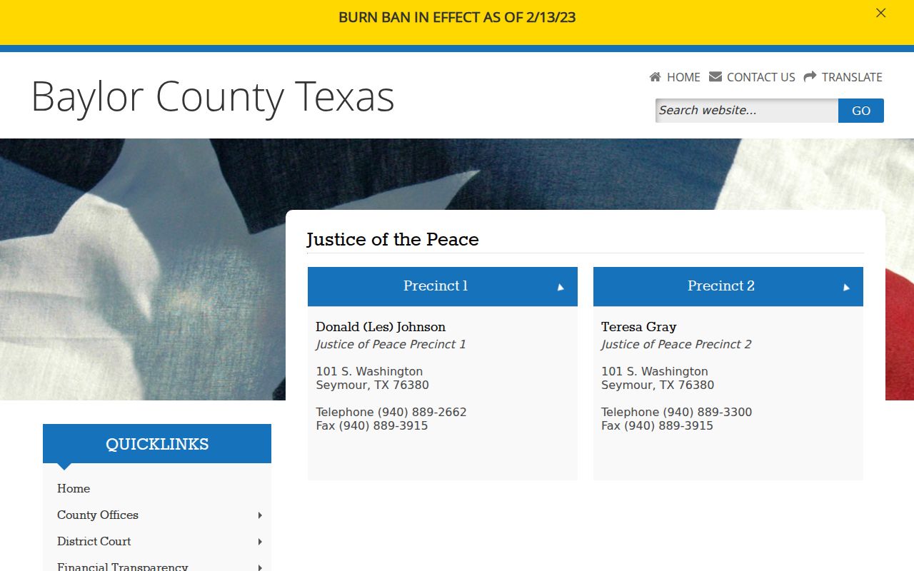 Official contact listings for Baylor County Justice Courts Precincts 1 and 2