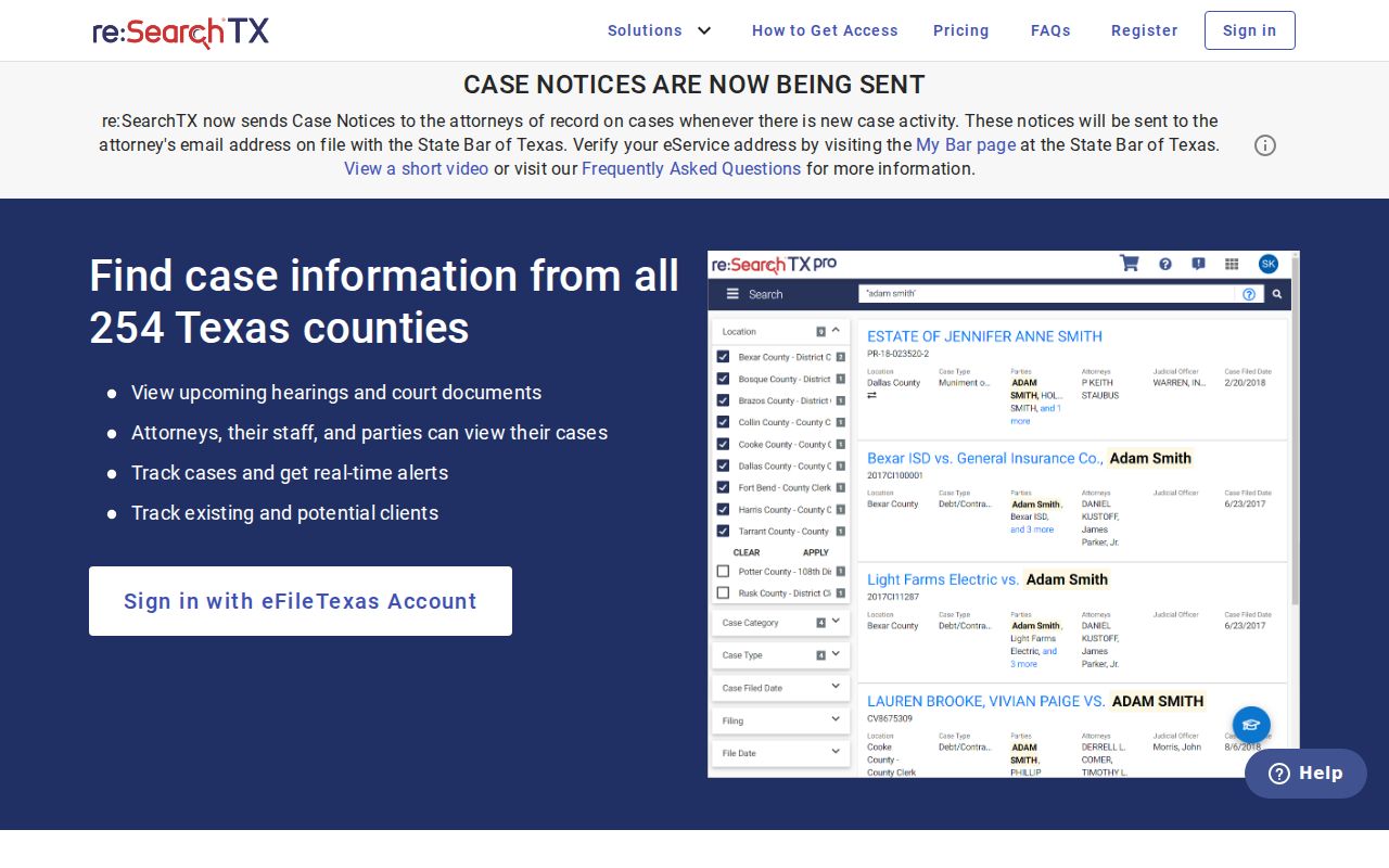 re:SearchTX statewide court record access interface