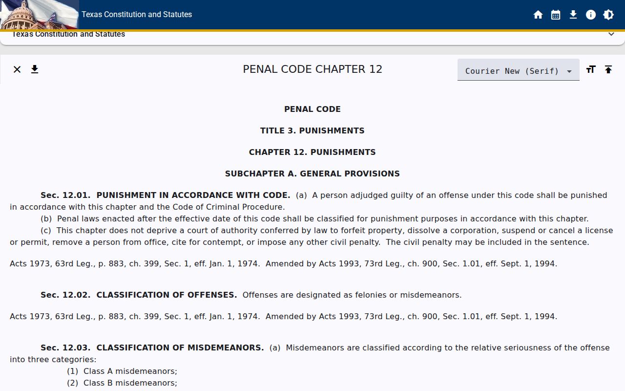 Official Texas Penal Code Chapter 12 felony and misdemeanor classifications