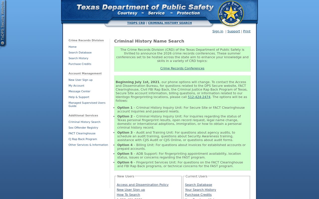 Texas DPS Criminal History Conviction Search sign-in page