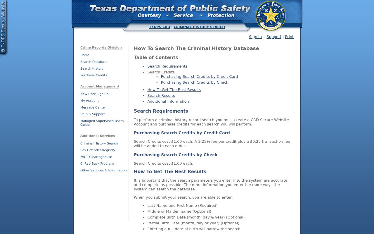 Texas DPS guidance about criminal-history search credits and name matching