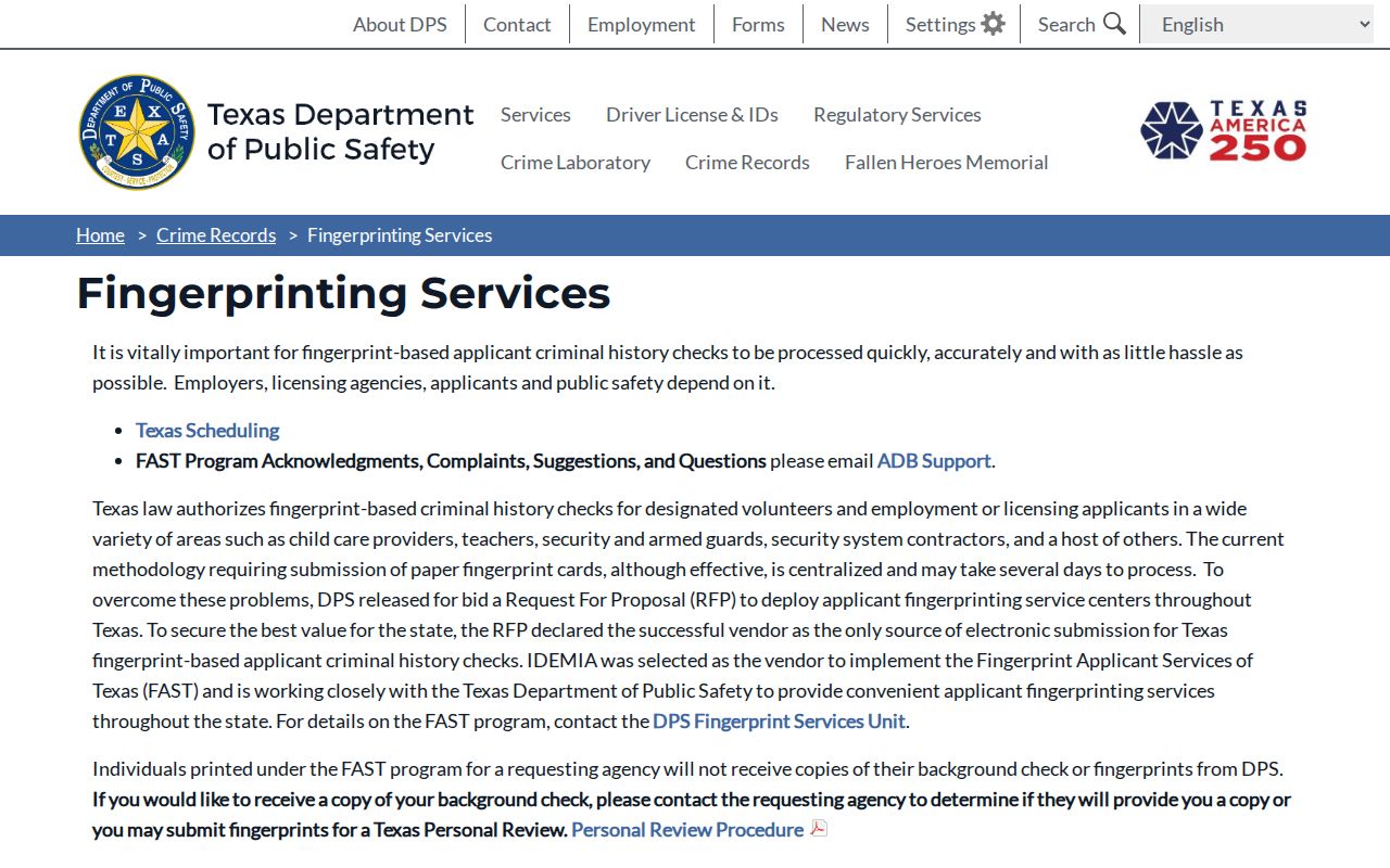 Texas DPS FAST fingerprint service instructions