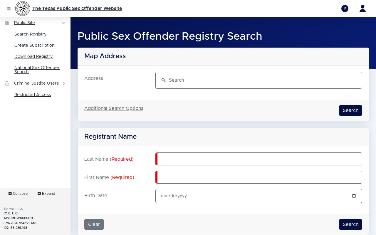 Baylor County sex offender registry search interface